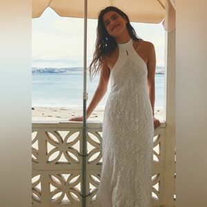 White Halter Neck Jacquard Dress with Open Back